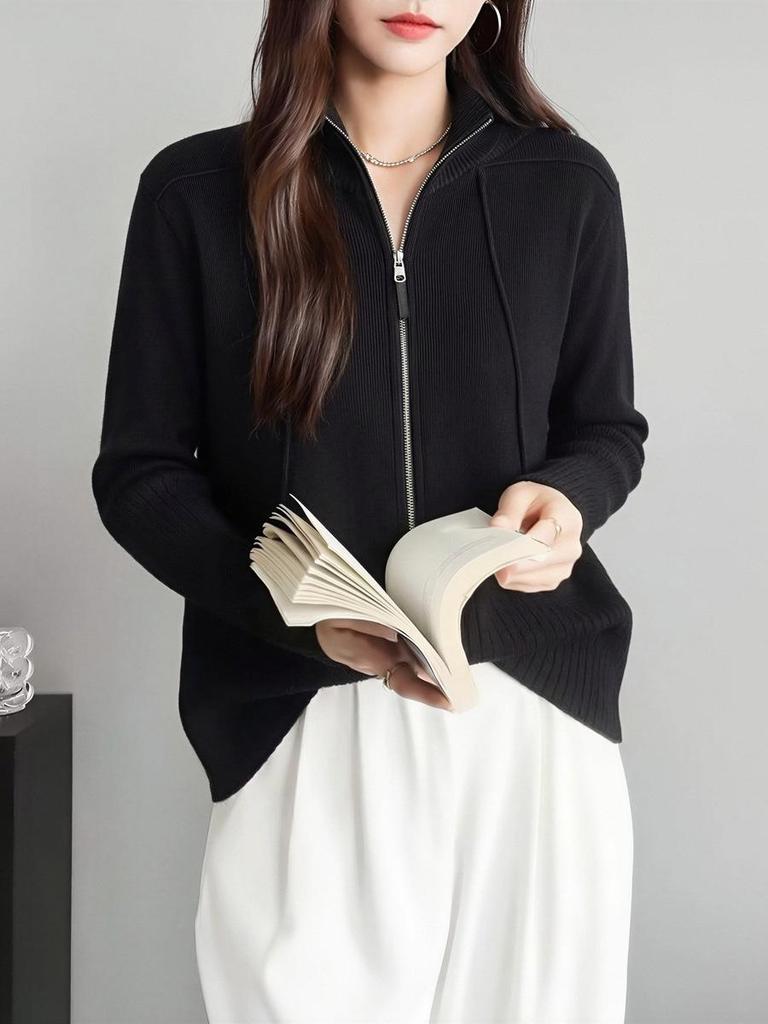 Korean Style Stand Collar Double Zipper Knit Sweater – Fashionable, Versatile, Loose Fit Long Sleeve Top for Women.