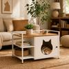 Multifunctional Cat Litter Box Cabinet with Cat Head Hole, Side Table with 2 Shelves & Storage Space, Modern Cat Furniture (White & Wood)