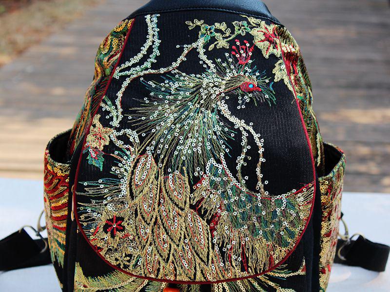 Ethnic Embroidered Women's Backpack with Sequins and Phoenix Peony Design