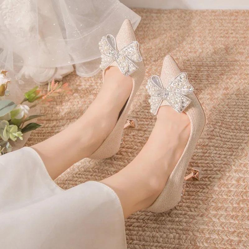 Fashion Wedding Bride Shoe Women's Shoes Pointed Toe Ladies Pumps Stilito with Bow High Heels on Heeled 2025 Trend Chic and Elegant 39