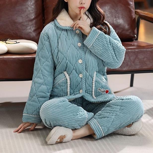 Süße warme wattierte Baumwolle kann draußen getragen werden dreilagiger Pyjama Damen Winter Loungewear verdickt saisonal große Größe