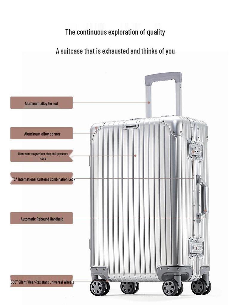 Valiză de cabină din aliaj aluminiu-magneziu, geantă de călătorie unisex cu troler, valiză de călătorie complet metalică, design durabil și elegant