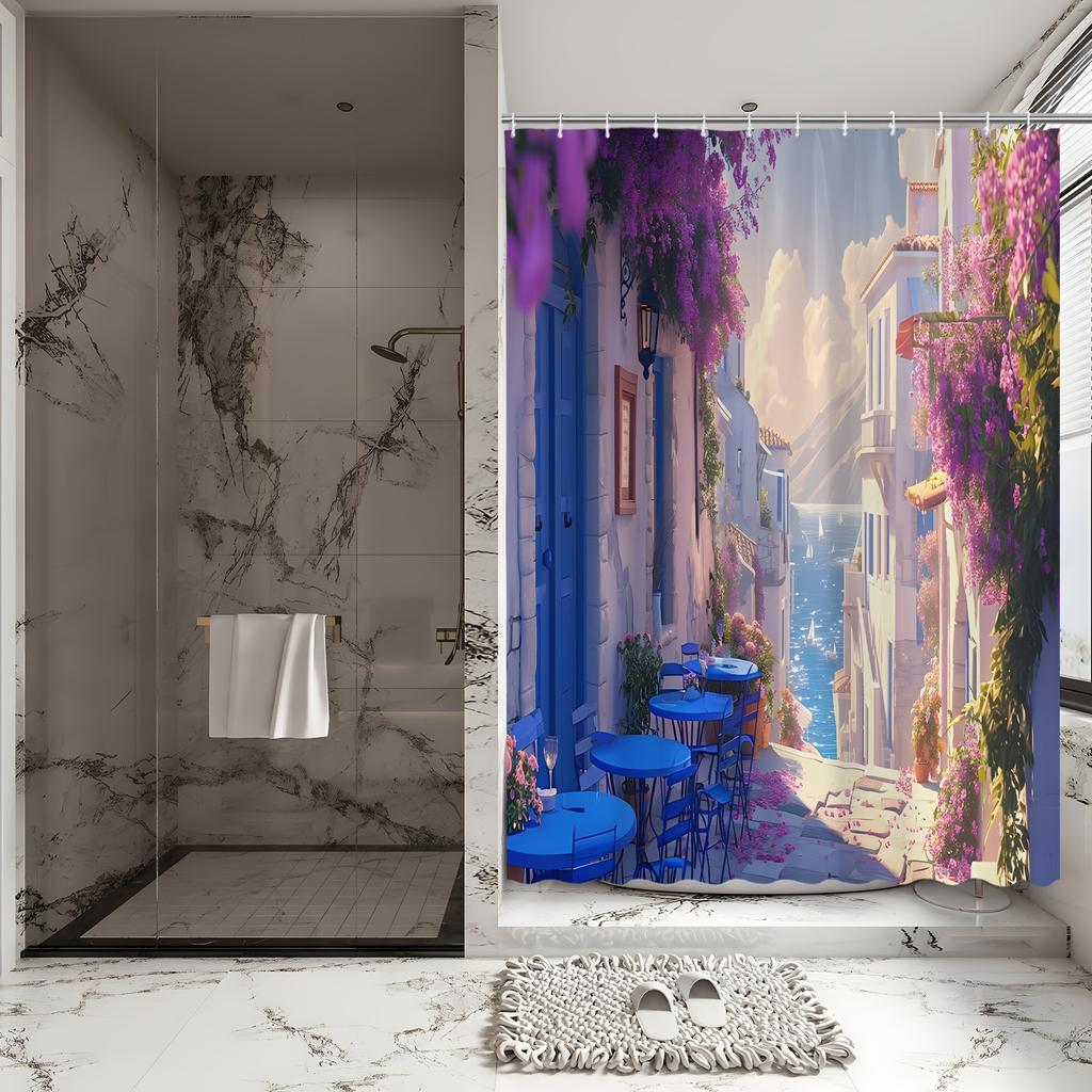 Charming Mediter 3D Shower Curtain -Purple Flower & Coastal Village Theme for Bathroom Decor,Adds Romantic and Serene Atmosphere