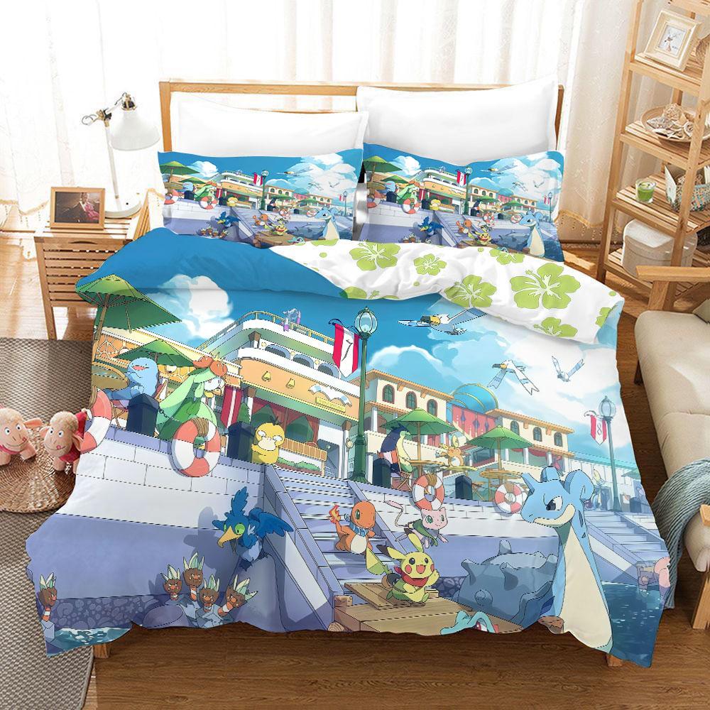 Pokemonzd 3Pcs Duvet Coverskids Cartoon Bedding Set Quilt Cover Twin Full Bedroom Bed  King Size  Decor For Teens Best Gifts