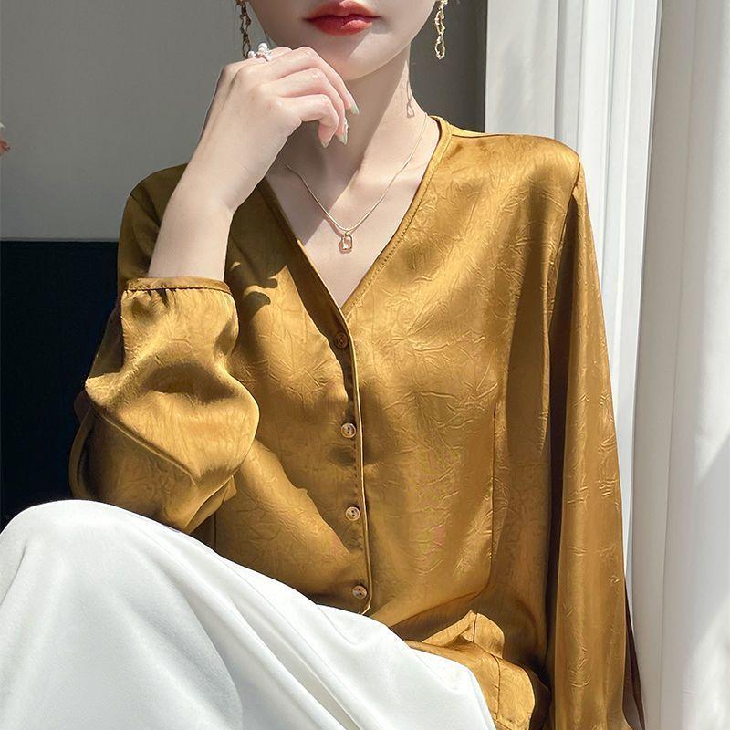 Korean Classic All Match Shirt V-neck Cardigan for Spring and Autumn New Long Sleeved Silk Shirt Loose Fashion Top