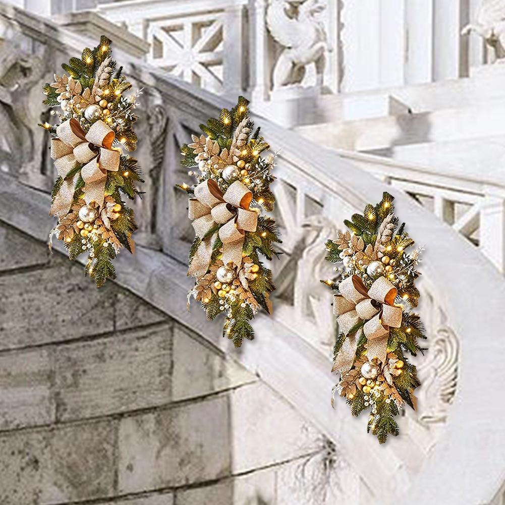 45cm Christmas Decoration Wreath With Lamp W/ Light For Front Door Red Ball Flower Garland Xmas Ornament Window Wall Hanging Dec