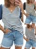Women's Striped Color Block V Neck T Shirt Puff Sleeve Oversized Casual Top