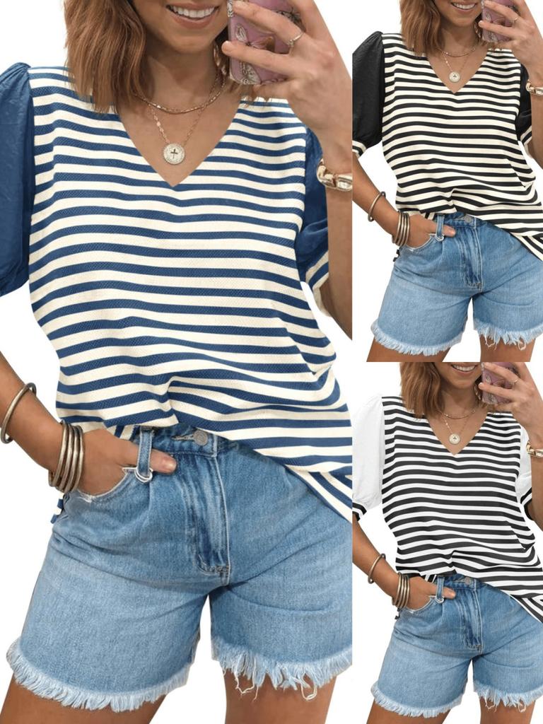 Women's Striped Color Block V Neck T Shirt Puff Sleeve Oversized Casual Top