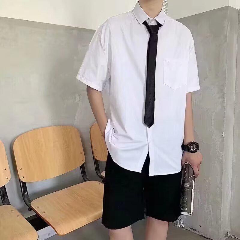 Men's White Korean Style Short-Sleeved Casual Shirt - Loose Fit, Trendy Hong Kong Style Student Class Uniform