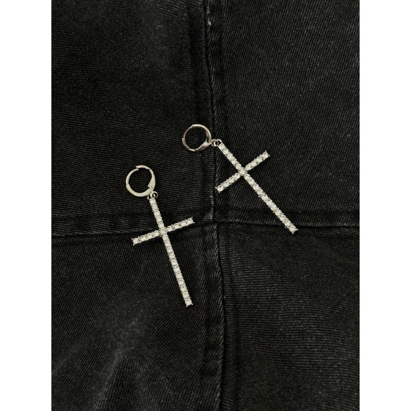 and American Style Rhinestone Cross Earrings for Women, Niche Exaggerated Temperament, High-End Feel Ear Clips, Sweet and Cool Spicy Girl Earrings