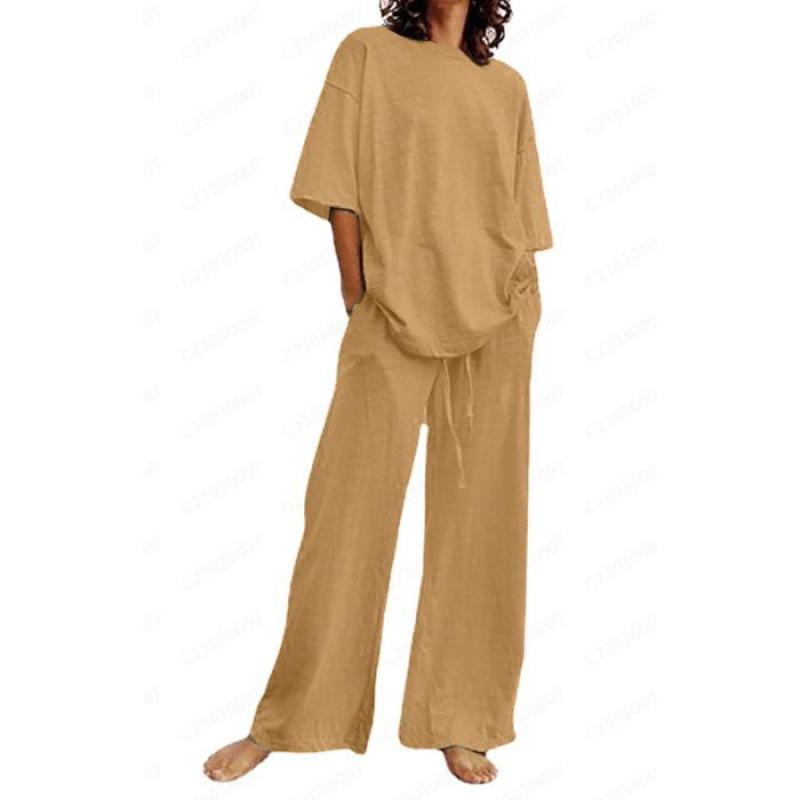 Women's 2-piece Summer Temshiyin Casual Belt Pocket Half-sleeved Top and Wide-leg Pants Set for Women
