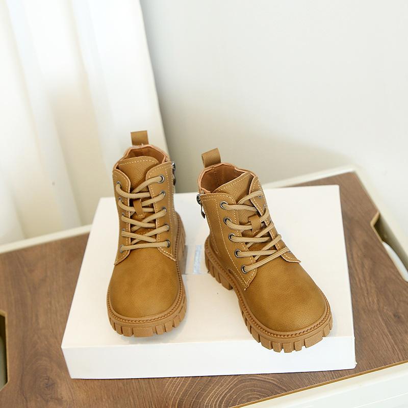 Kids Tan Lace-Up Side Zipper Martin Boots 26