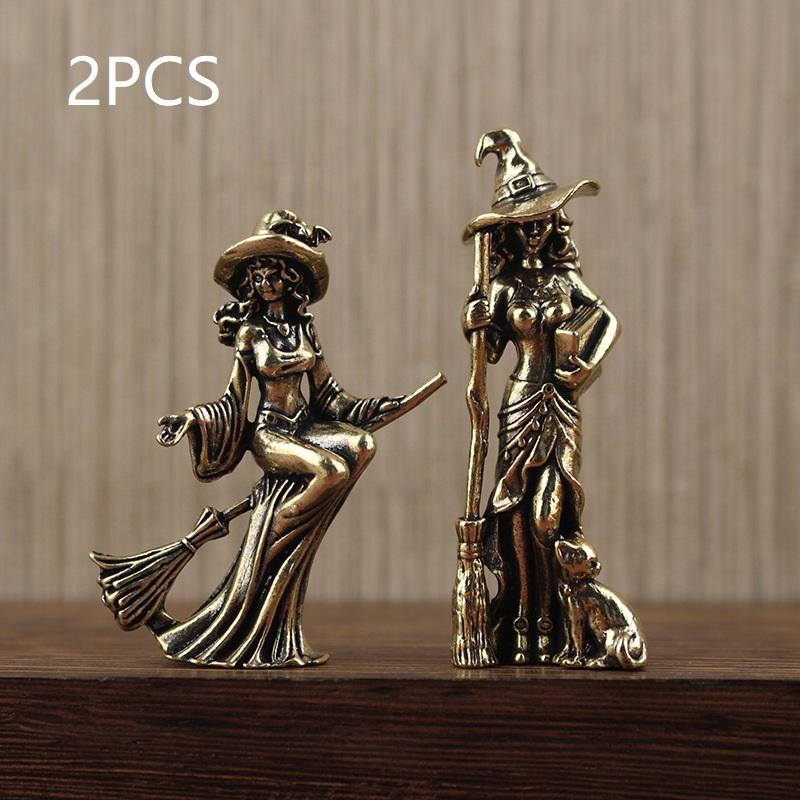 Brass Magic Witch Miniature Statue Retro Collectible Figurine Creative Desktop Ornament for Theme Party Home Decor Gift