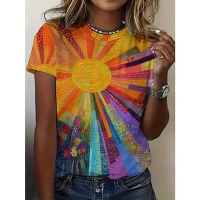 Large Size Women'S Digital Printed Short Sleeved T-shirt Crew Neck Slight Stretch Fabric, Regular Sleeve, All Seasons
