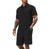 Men's Summer 2 Piece Outfit, Waffle Knit Polo Shirt and Elastic Waist Shorts, Casual Tracksuit for Beach Streetwear