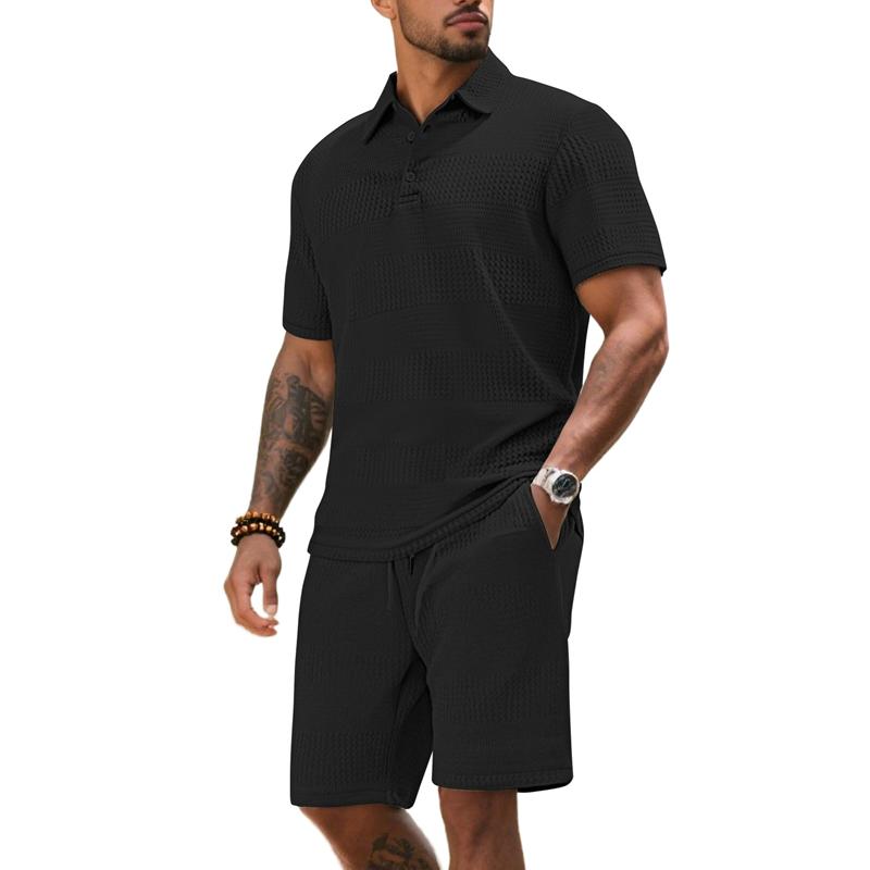 Men's Summer 2 Piece Outfit, Waffle Knit Polo Shirt and Elastic Waist Shorts, Casual Tracksuit for Beach Streetwear
