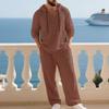 2 Pcs Retro Cross-border Autumn Linen Men's Casual Suit Loose Hooded Henley Shirt Long Sleeve Pants Suit Tracksuits