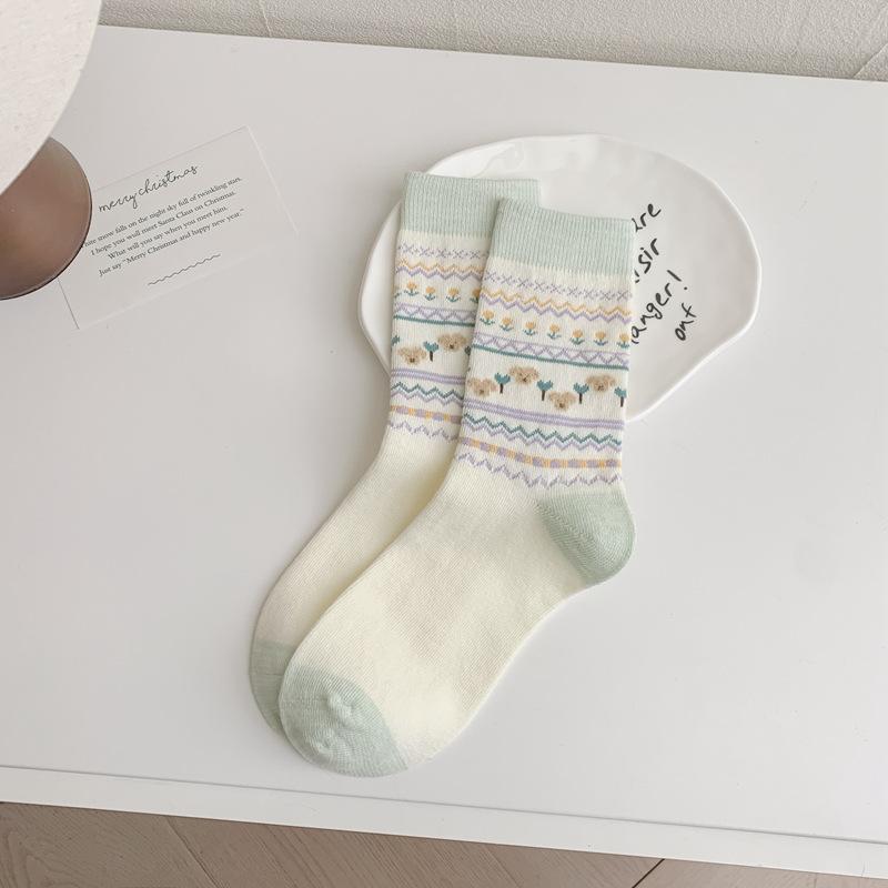 5pair Socks Women S Medium Tube Socks Spring Summer Fair Island Cute Bear Stacking Socks Girls Socks Stockings One size fits all светло-зеленый