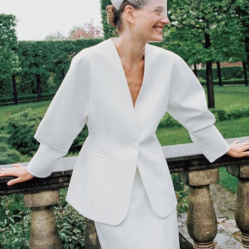 Womens V-Neck Slim Fit Blazer Elegant Commute Suit Single-Breasted Mid-Length Office Jacket