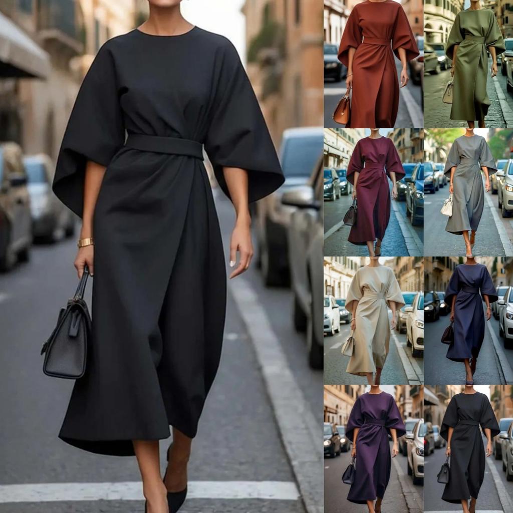 Moda feminina verão primavera cor sólida estampado manga 3/4 gola redonda vestidos casuais