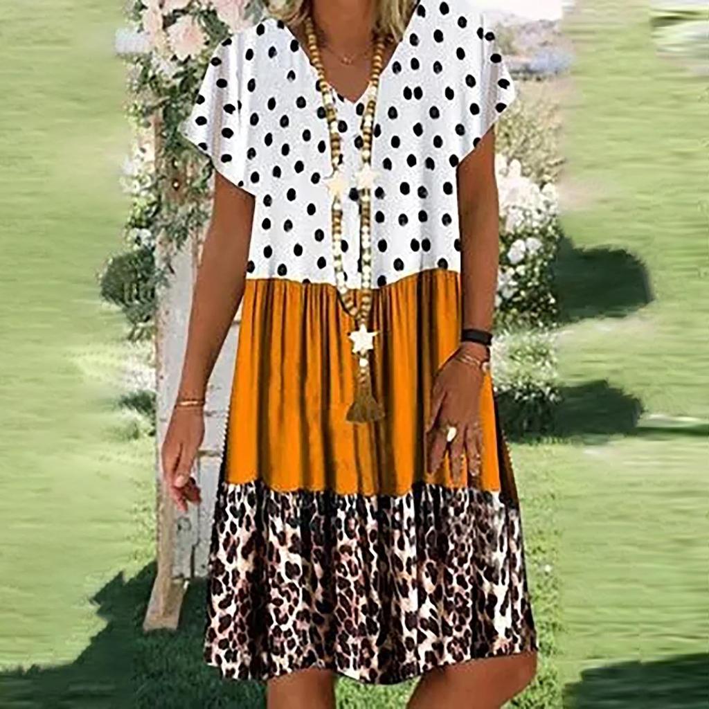 Women's Summer Casual Fashion Loose Printed Short Sleeve 2022 V-Neck Dress