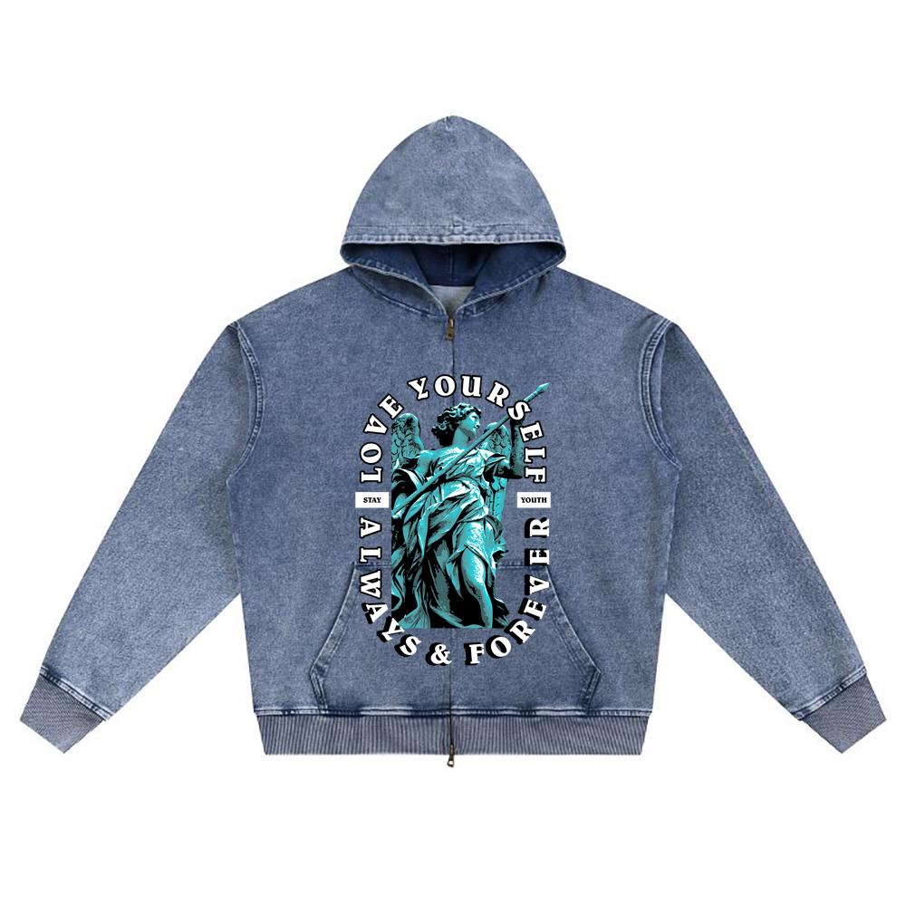 DTG print Knitted Denim Zip-Up Hoodie Streetwear Brother Print Zipper Hoodies  