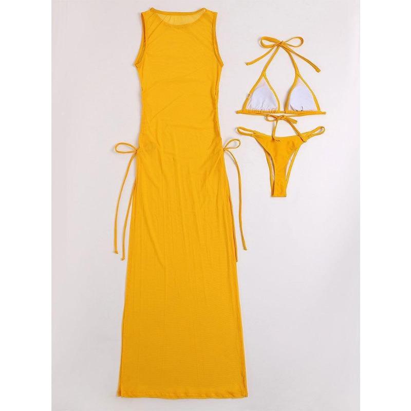Women S Solid Color Three Piece Bikini Cover Up Beach Dress Set
