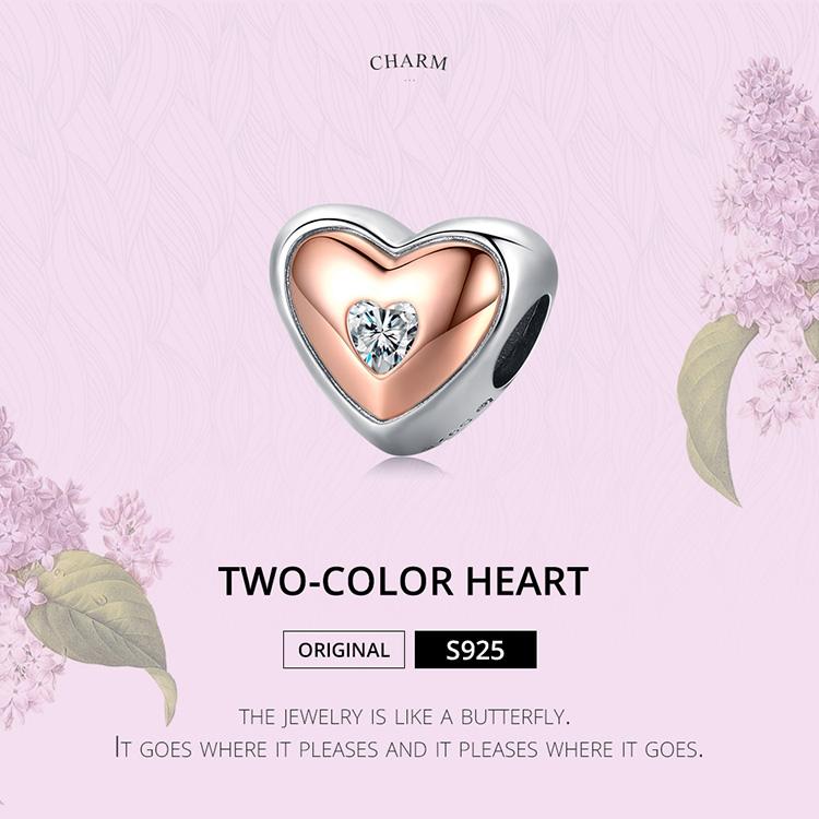 BAMOER 925 Sterling Silve Charm Two Color Heart Love Zircon Plated Rose Gold Fit Original Charms DIY Bracelets Bangles Jewelry