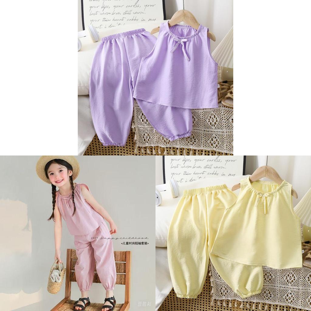 Girl Toddler Sleeveless Long Pants Set Summer Girls Cotton Blend Casual Lounge Wear For Kids