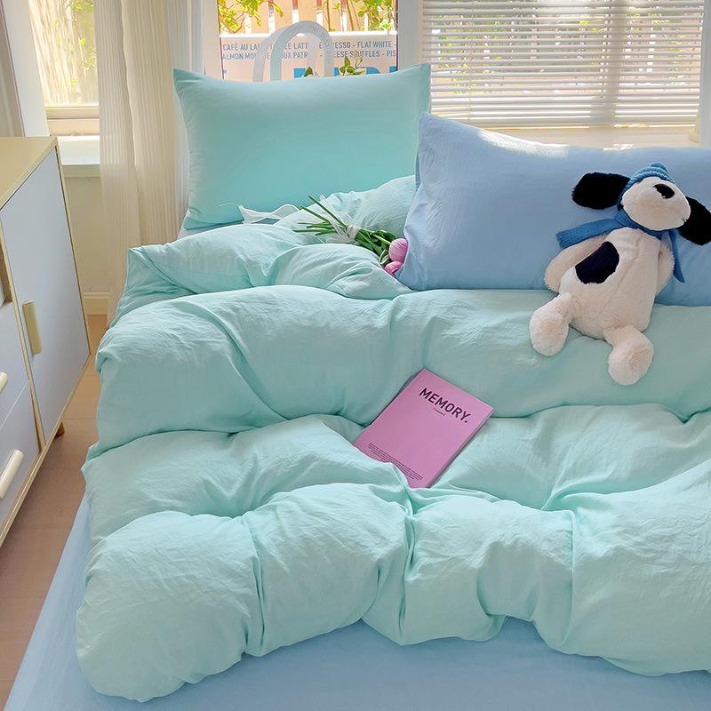 Washed Cotton 4-Pcs Set Class A Maternal Infant Grade Solid Color Single Quilt Set, Bed Sheet 4-Pcs Set, Small Fresh 3-Pcs Set