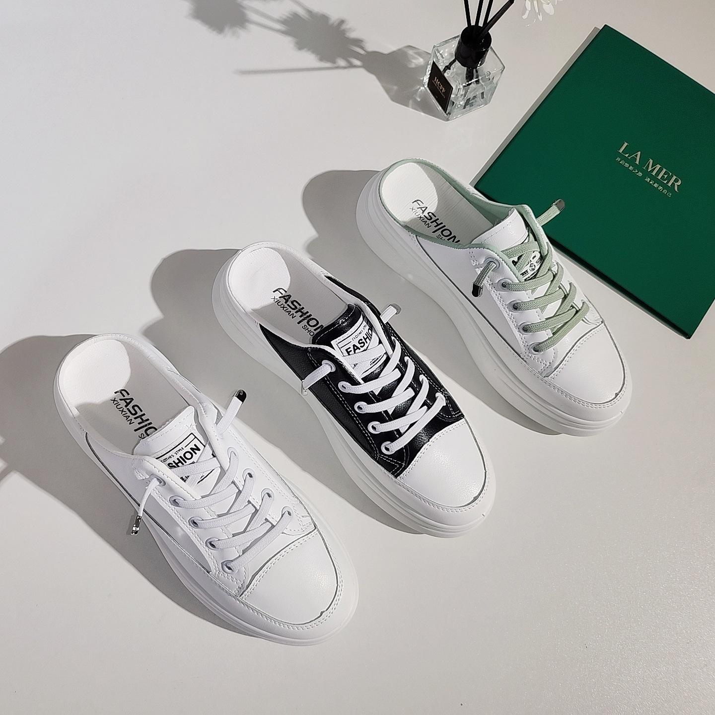 Маленькие белые туфли без каблука летние новые кожаные с закрытым носком на толстой подошве универсальные полусабо женские туфли на высоком каблуке тренд 36 белый 3216₽