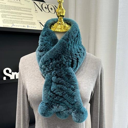 Korean Real Rex Rabbit Fur Whole Leather Woven Scarf Double-sided Thickened Warm Scarf Cute Ball Fur Collar Children