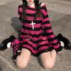 2KWEIRD Pink Striped Gothic Sweaters Women Ripped Holes Loose Knitted Pullover Frayed Fairy Grunge Jumpers Emo Streetwear Lolita