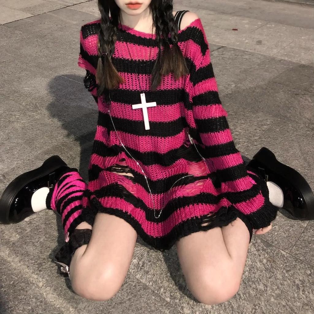 2KWEIRD Pink Striped Gothic Sweaters Women Ripped Holes Loose Knitted Pullover Frayed Fairy Grunge Jumpers Emo Streetwear Lolita