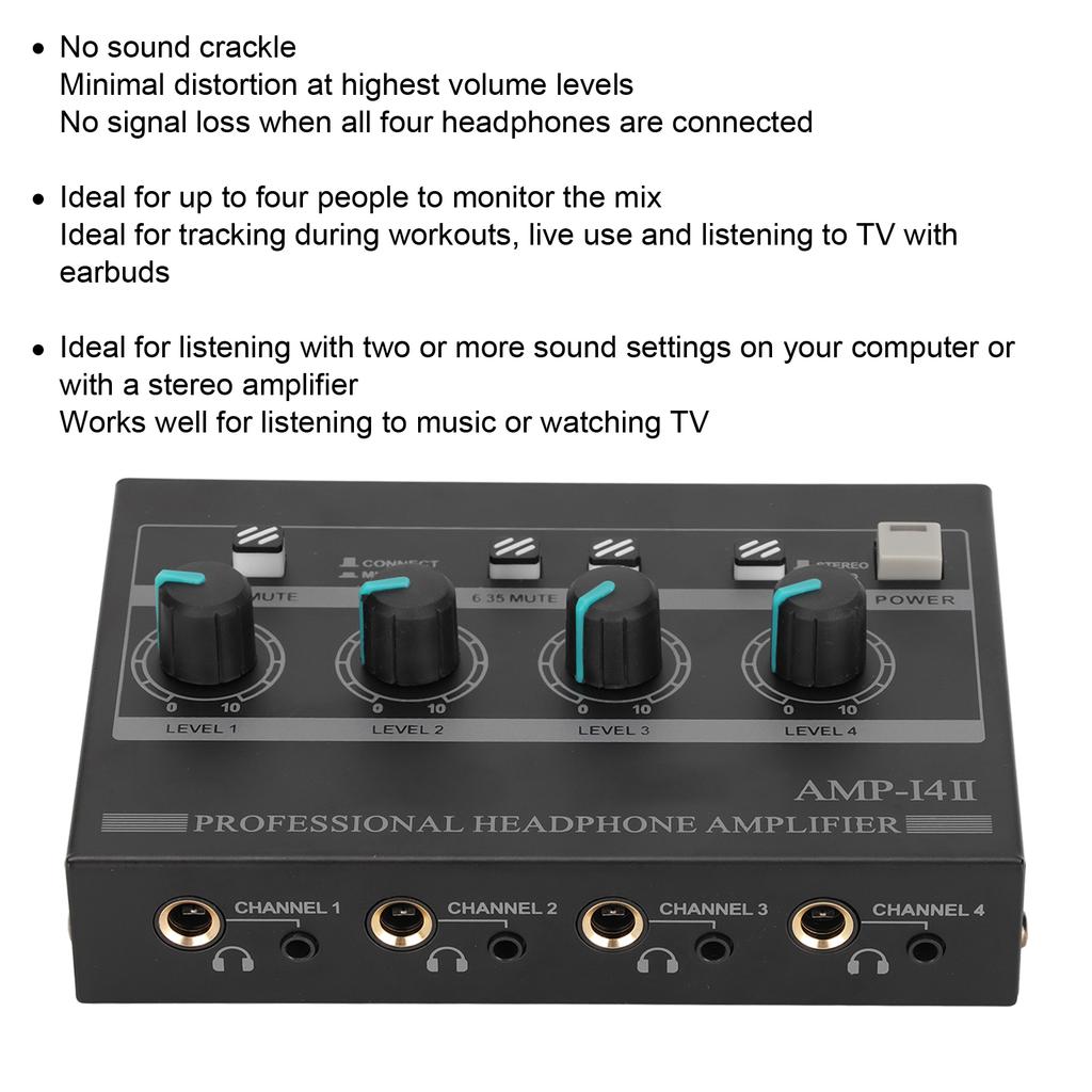 AMP‑14II 4 Channel Headphone Amplifier Compact 4 Way Stereo Headphone Amplifier with 12V 2A Adaptor for Studio Stage