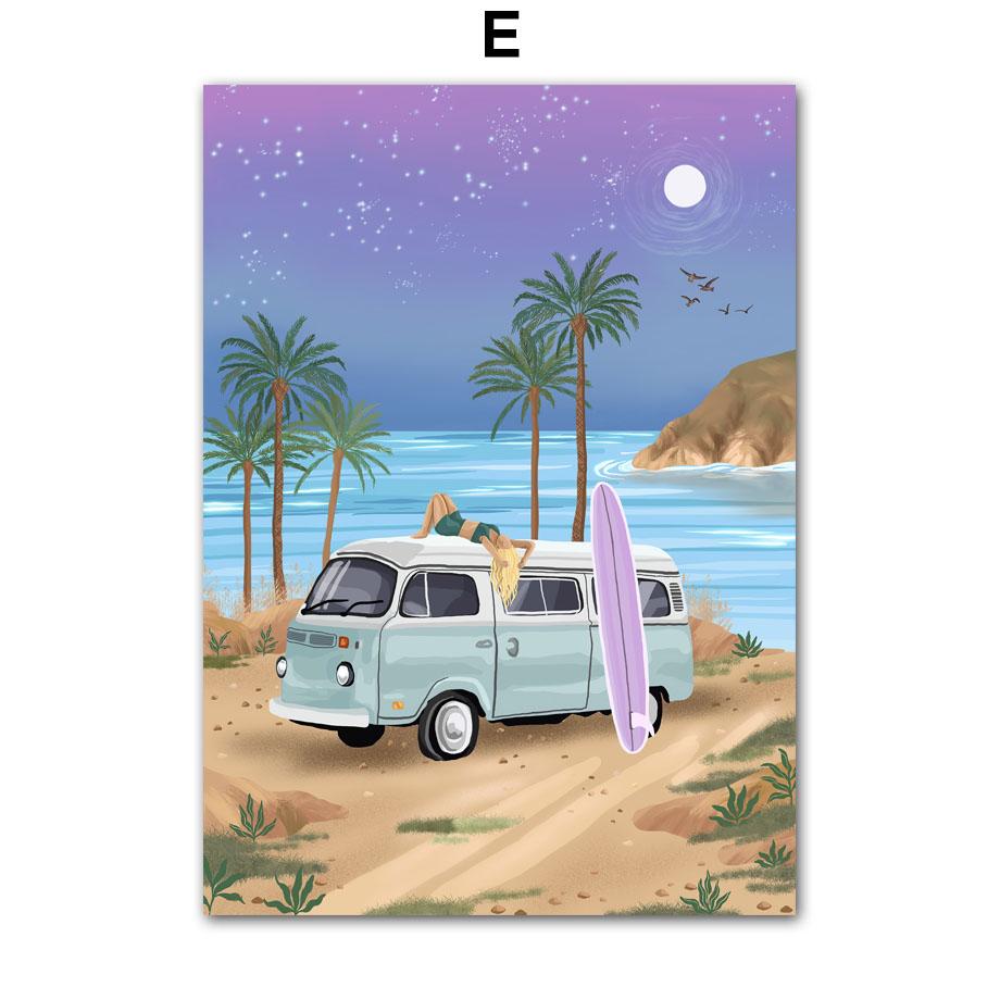 Buntes Mädchen Blume Buch Meer Strand Auto Wandkunst Leinwandmalerei Poster und Drucke Hotel Bar Bild für Wohnzimmer Dekoration