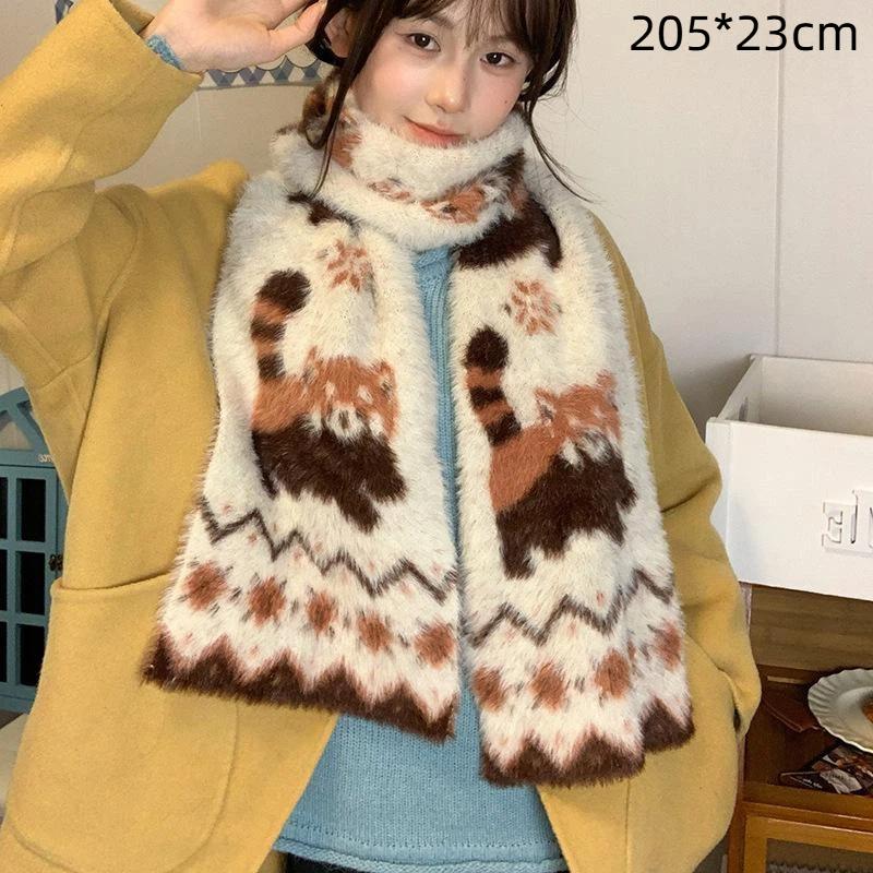 Cartoon Brown Raccoon Patterned Scarf Knitted Faux Mink Fur Scarf Soft Comfort Women Winter Neckerchief Warm Scarves