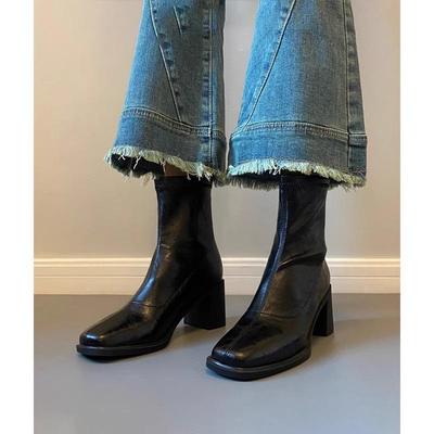 Stiefeletten aus echtem Leder: Stille Sohle High Heels, Elastischer Skinny Fit, Herbst Winter Komfort, Retro klobiger Absatz