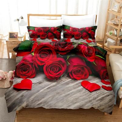 3D Rote Rose Bettwäsche Bettbezug Bettsets für Doppel-Ehe Hochzeit Schlafzimmer Bettwäscheset King Valentinstag Bettbezug-Set