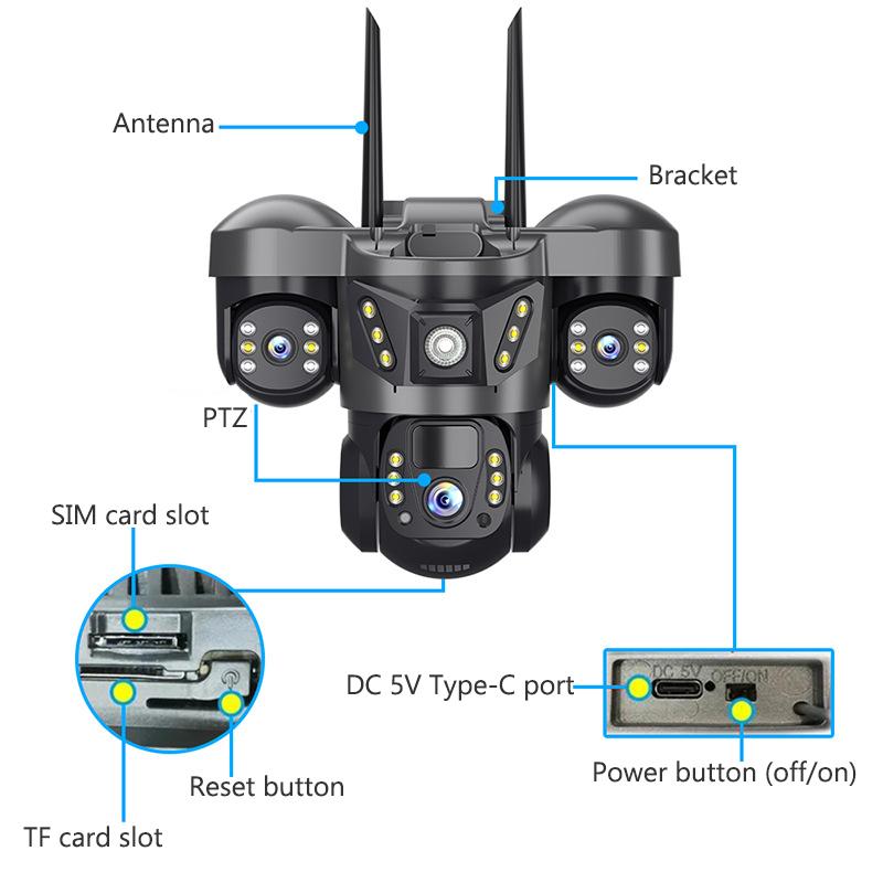Cameră Solară 4G de Exterior Obiectiv Triplu Trei Ecrane 15MP Cameră IP cu Panou Solar Baterie Încorporată Detectare Mișcare PIR Cameră CCTV
