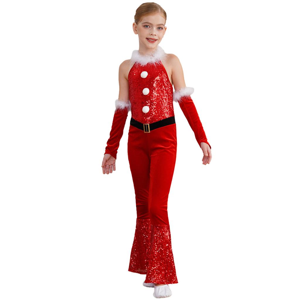Girl Christmas Costume One Piece Sleeveless Velvet Bodysuit Plush Sequins Flared Jumpsuit Arm Sleeve Set