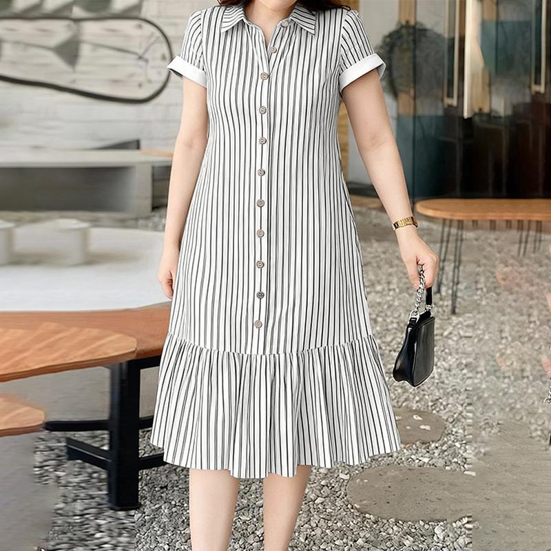 ZANZEA Women Elegant Casual Turn Down Collar Short Sleeve Loose Stripe Dress S