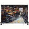 2D Flachdruck Motorrad Lenker Fotografie Hintergrund, Retro Biker Kneipen Szene für Party und Heimdekoration