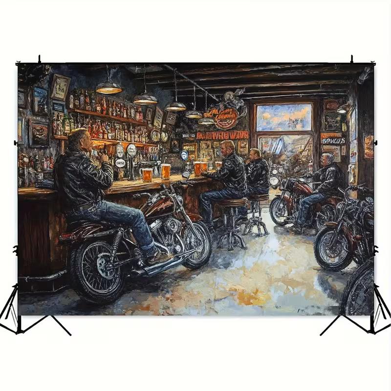 2D Flachdruck Motorrad Lenker Fotografie Hintergrund, Retro Biker Kneipen Szene für Party und Heimdekoration