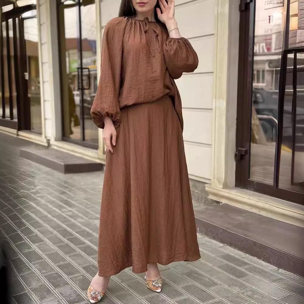Women's 2025 Spring Muslim Style Puff Sleeve Top & Swing Skirt Set