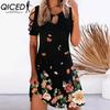 QICED 13 Color Women Floral Print Dress Summer Sexy Short Sleeve O-Neck Mini Dresses Female Vintage Elegant Dress