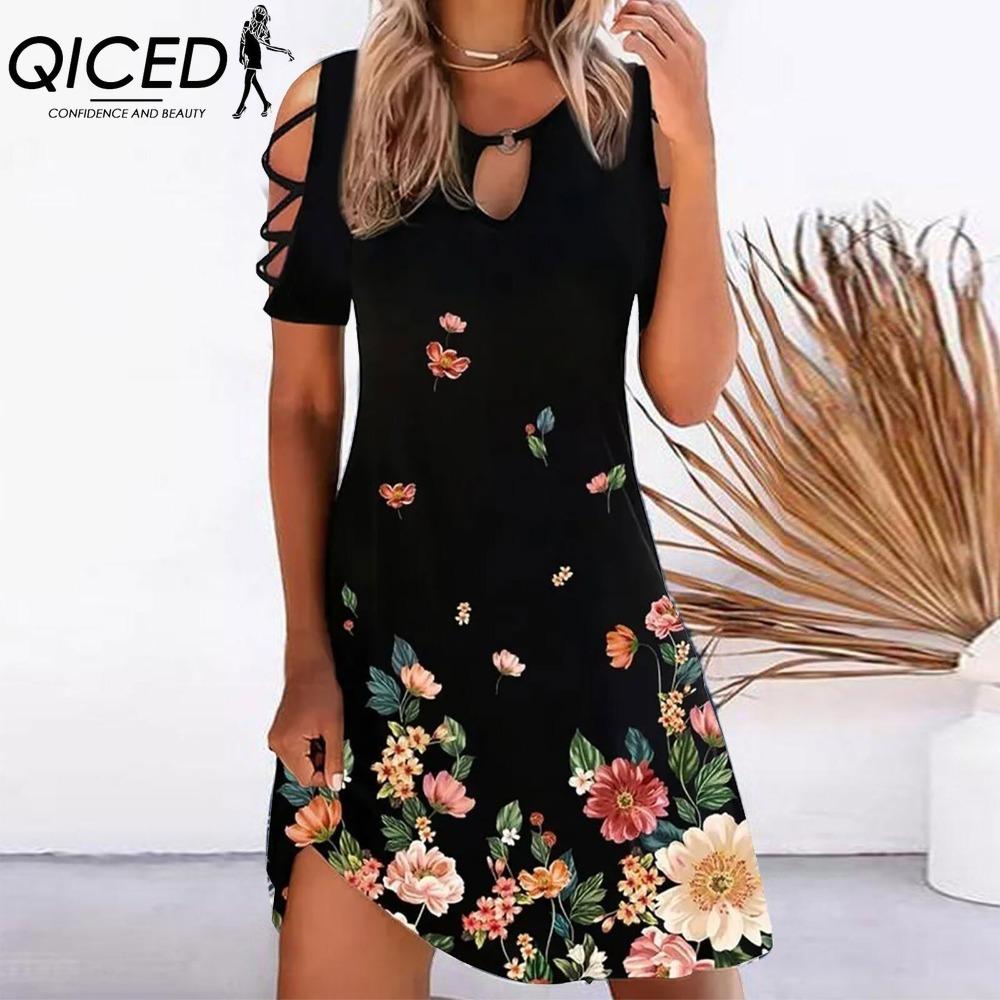 QICED 13 Color Women Floral Print Dress Summer Sexy Short Sleeve O-Neck Mini Dresses Female Vintage Elegant Dress