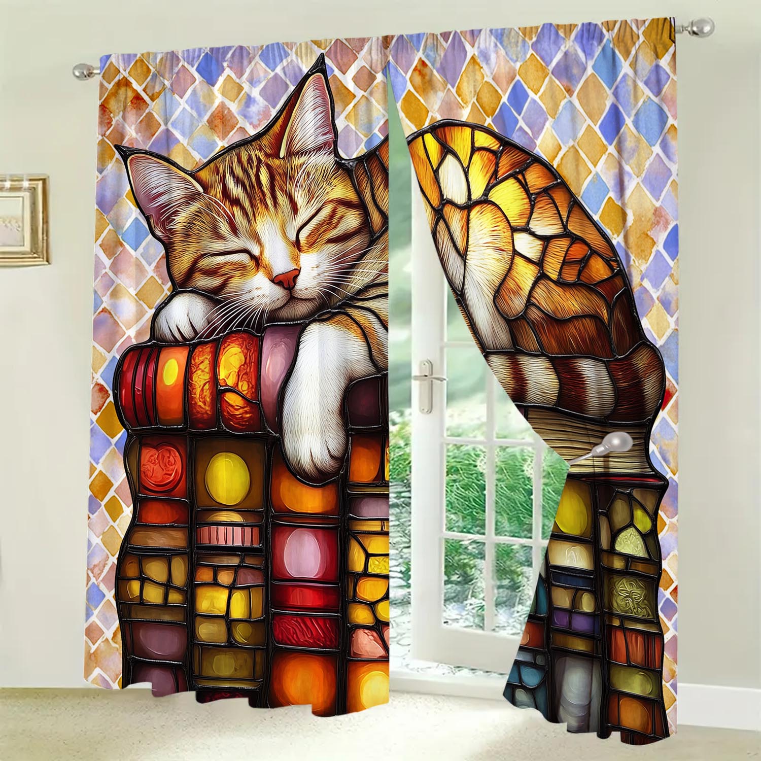 

2pcs Colorful Cat Decorative Curtains for Sunshade and Privacy Protection 100*130 Grommet Top 1pcs