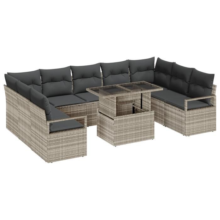 Ensemble de Canapé de Jardin vidaXL 10 Pièces avec Coussins Gris Clair Rattan Poly 3357625