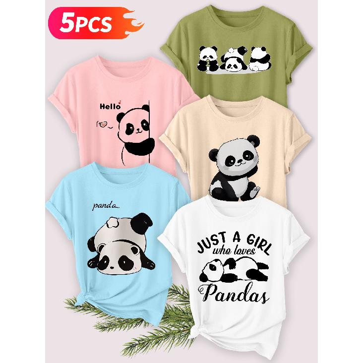 Five-piece set Elegant short-sleeved shirt for women Panda series printed round-neck women's short-sleeve shirt is suitable for spring and summer